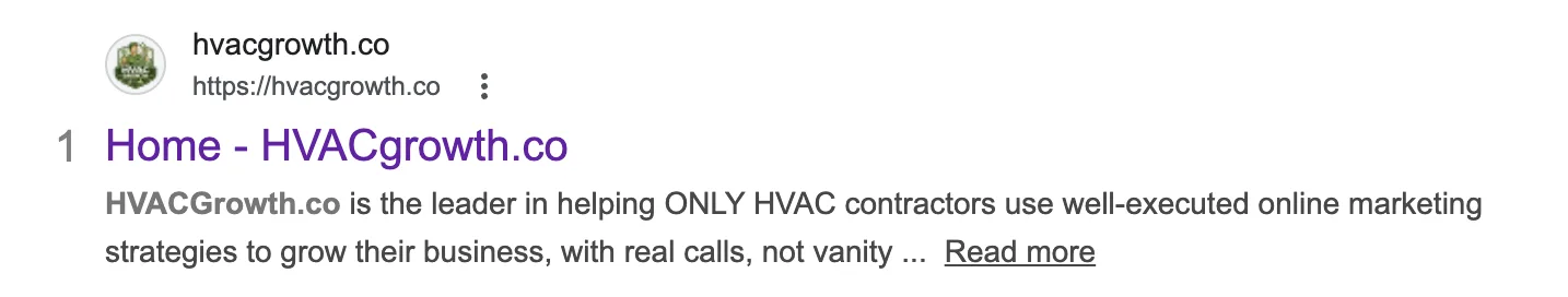 HVACGrowth.co ranking #1 on Google search results for HVAC marketing